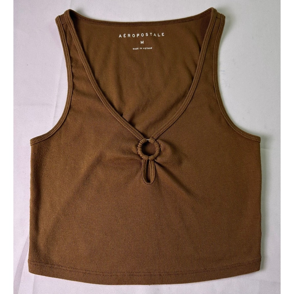 Aeropostale Brown Ribbed Crop Tank Top O-Ring Keyhole Cutout Sleeveless Medium